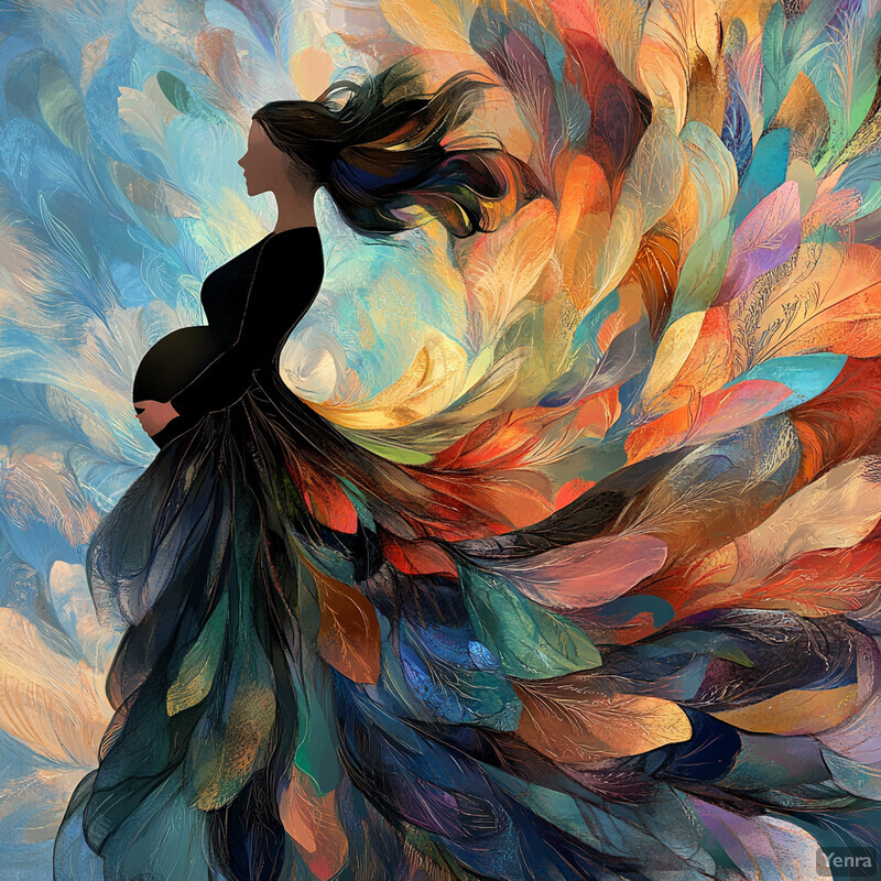 A woman in profile wearing a flowing black dress with long sleeves and a high neckline, set against an abstract background featuring blue, orange, yellow, green, red, purple, pink, and white brushstrokes.