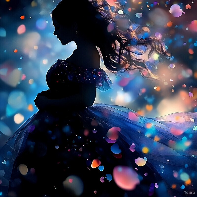 Silhouette of pregnant woman in sparkly dress against colorful background