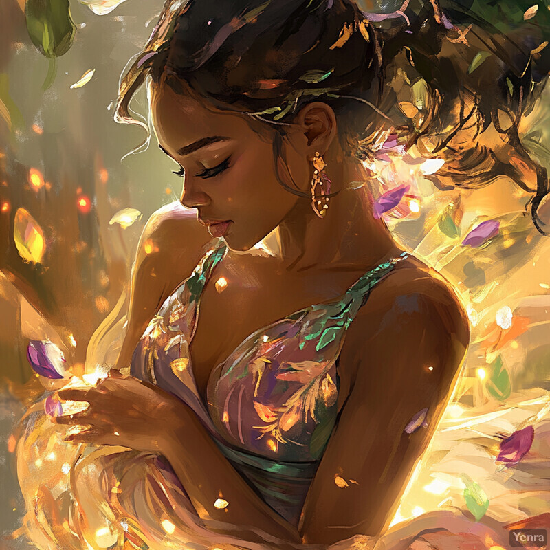 A mystical scene of a woman surrounded by colorful petals