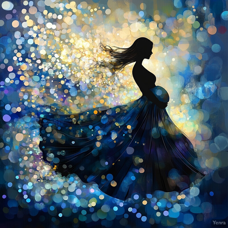 Silhouette of a pregnant woman in motion against a colorful bokeh background