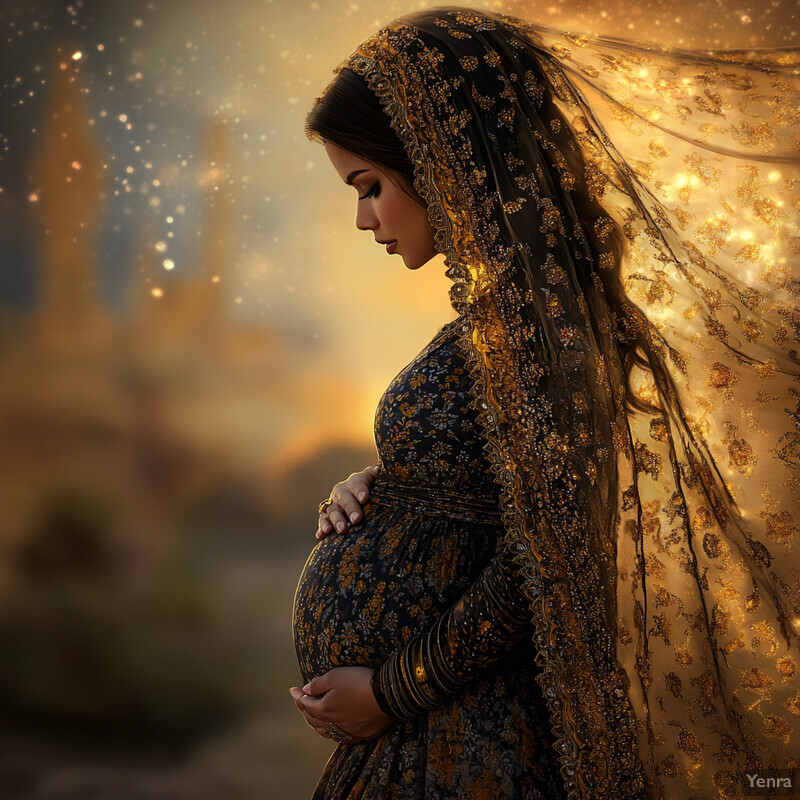 A pregnant woman wearing traditional attire with intricate gold patterns and a flowing black dress, posing elegantly in an outdoor setting or studio backdrop.