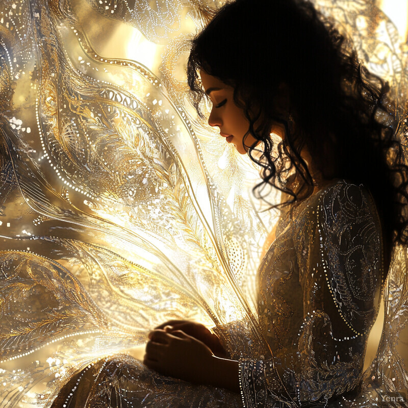 A woman with long dark hair wears an intricately designed gold and silver dress, sitting in a private indoor space.