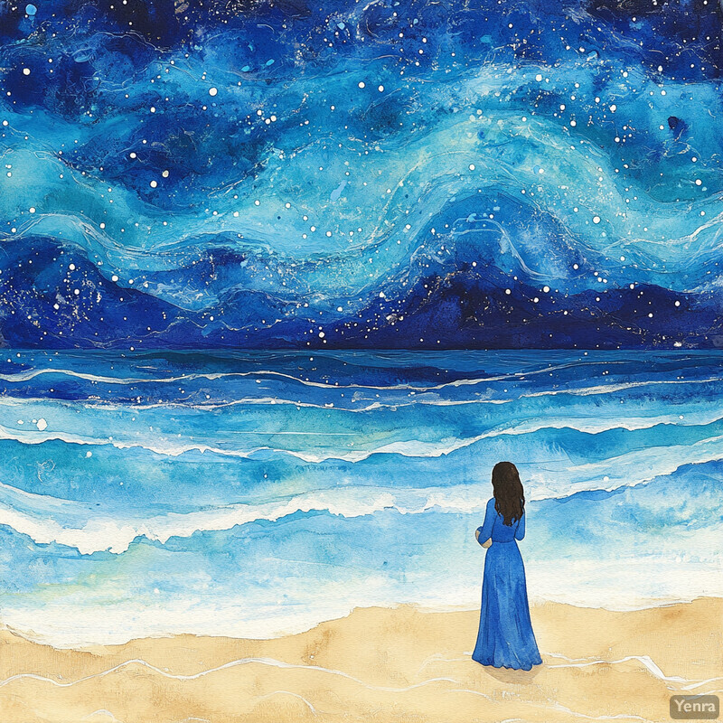 A woman stands on a beach under a starry night sky, gazing out at the ocean.