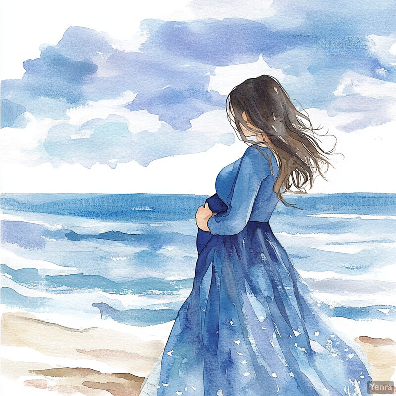 A woman stands on the beach, gazing out at the ocean, surrounded by a serene atmosphere.