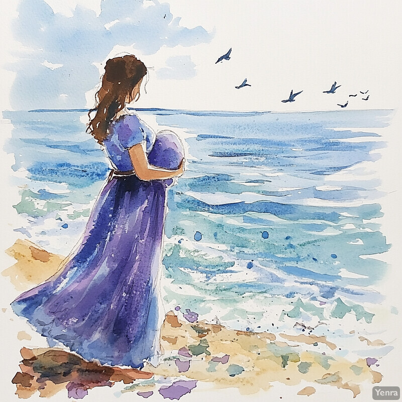 A pregnant woman stands on a beach, gazing out at the ocean in this serene watercolor painting.