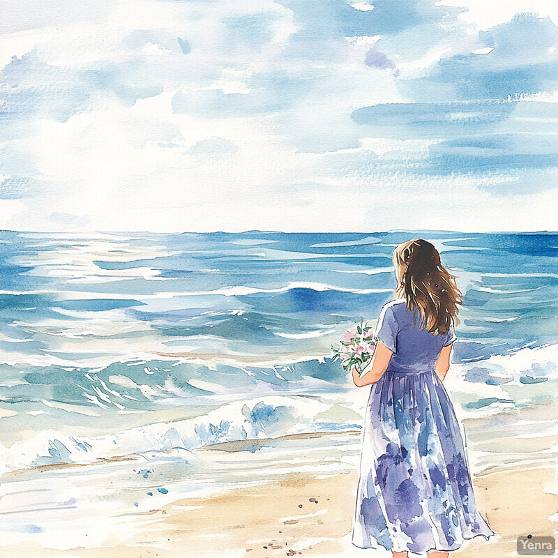 A woman stands on the beach, gazing out at the ocean, holding a bouquet of flowers.