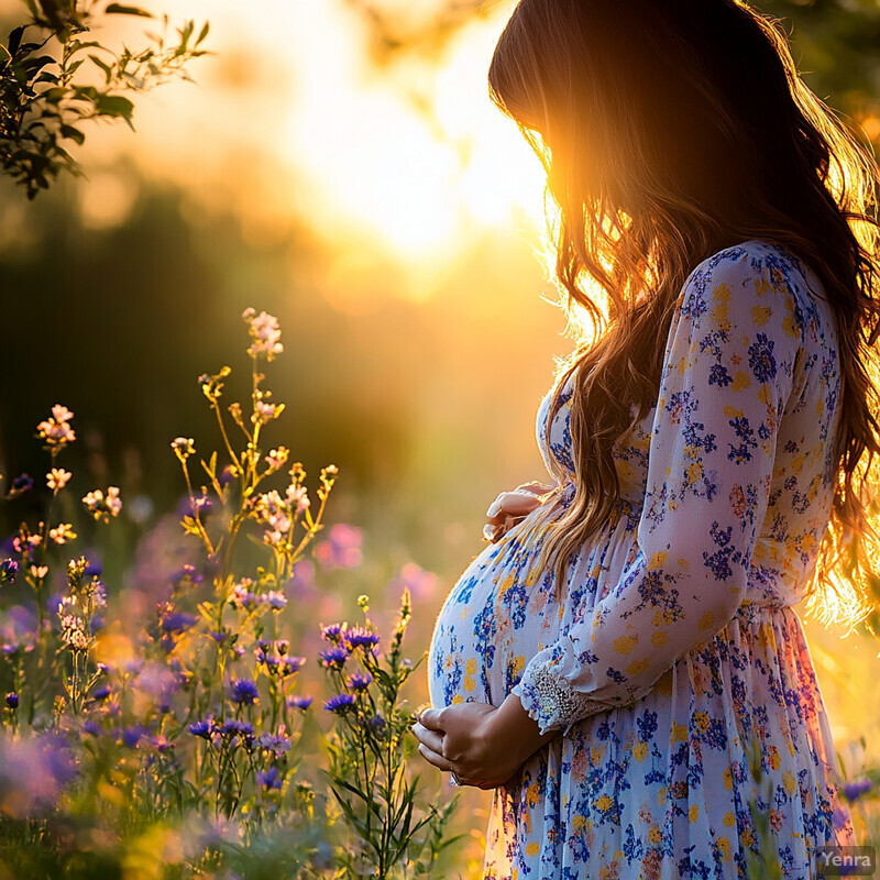 A pregnant woman stands in a field of wildflowers, bathed in sunlight