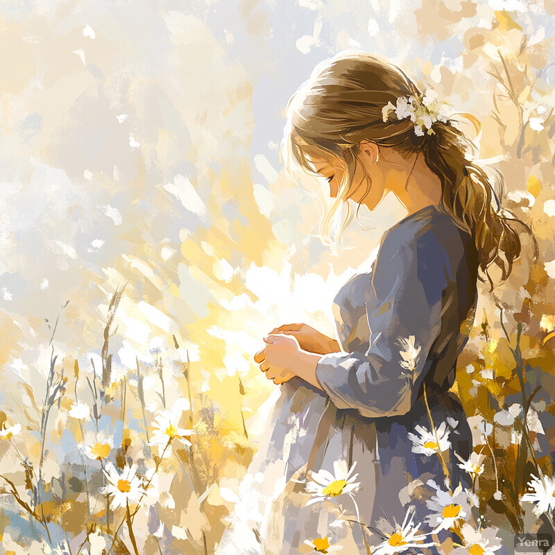 A young girl stands in a field of wildflowers, surrounded by tall grasses and a blue sky with white clouds, exuding peace and contentment.