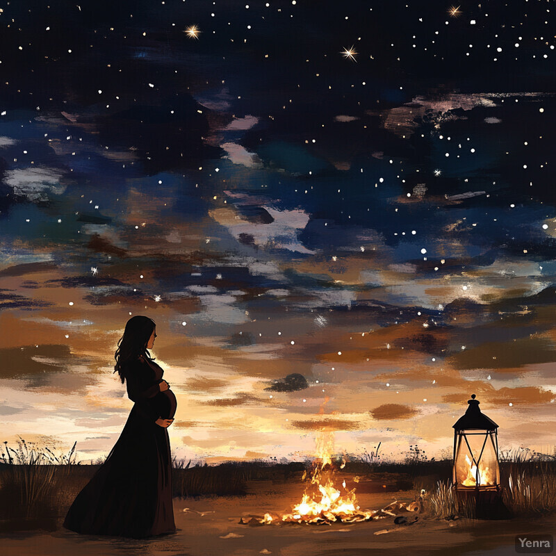 A serene scene of a pregnant woman standing in front of a campfire at sunset.