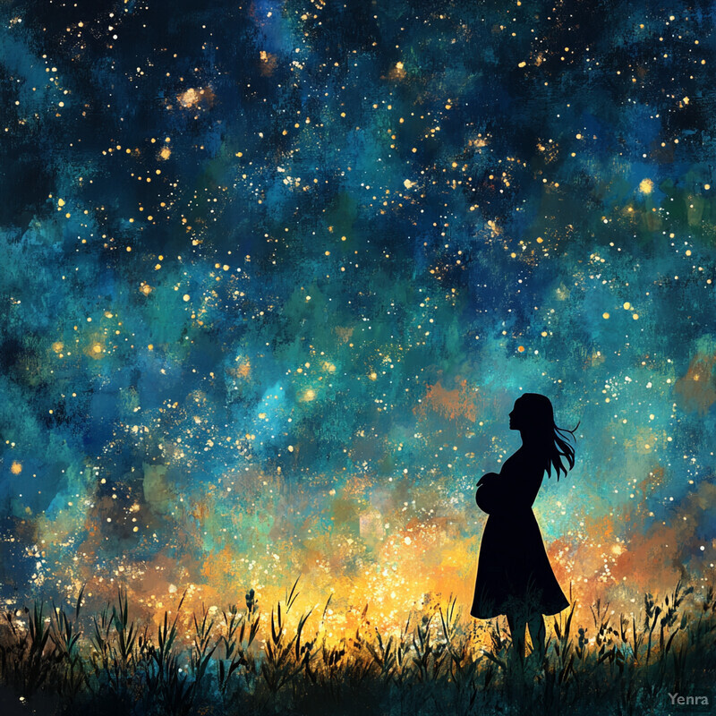 A serene and enchanting scene of a woman standing in a field under a starry night sky.