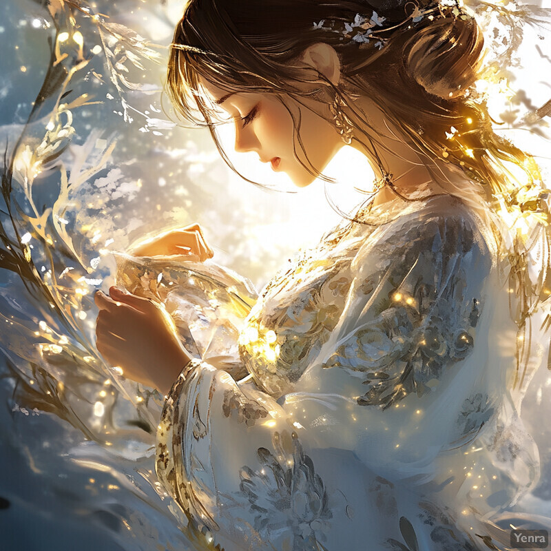 A serene and enchanting scene of a woman holding a glass orb