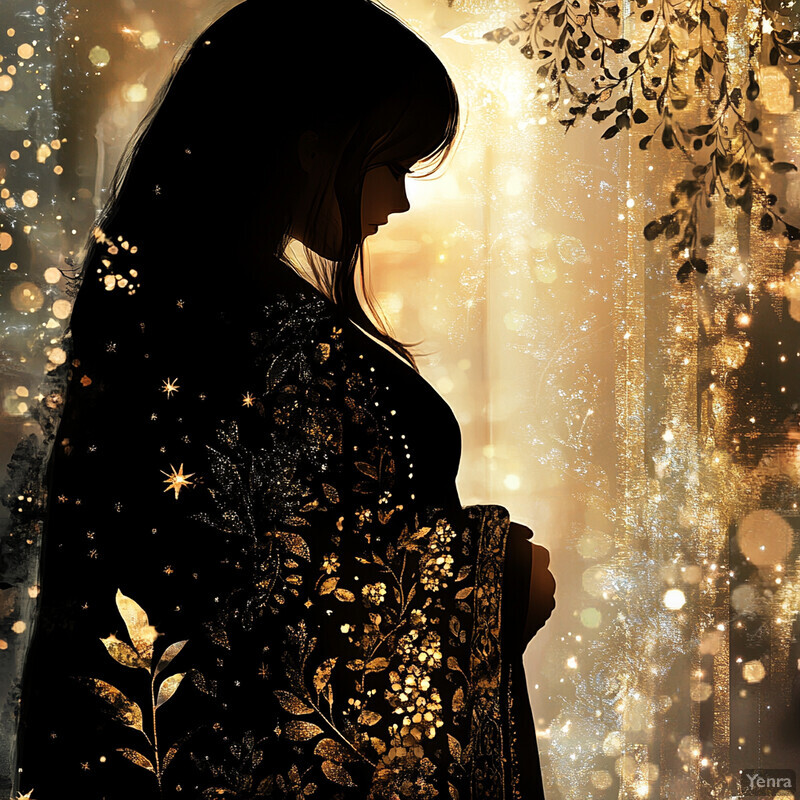 A woman with long hair and a black dress looks down at her hands in front of her, set against a blurred background.