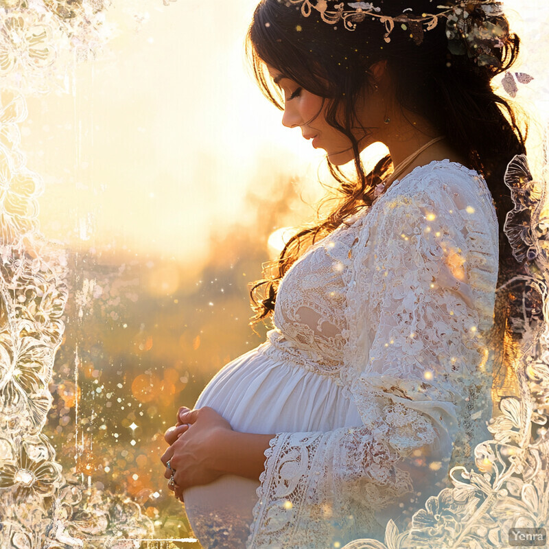 A pregnant woman stands in front of a stunning sunset, radiating serenity and joy.