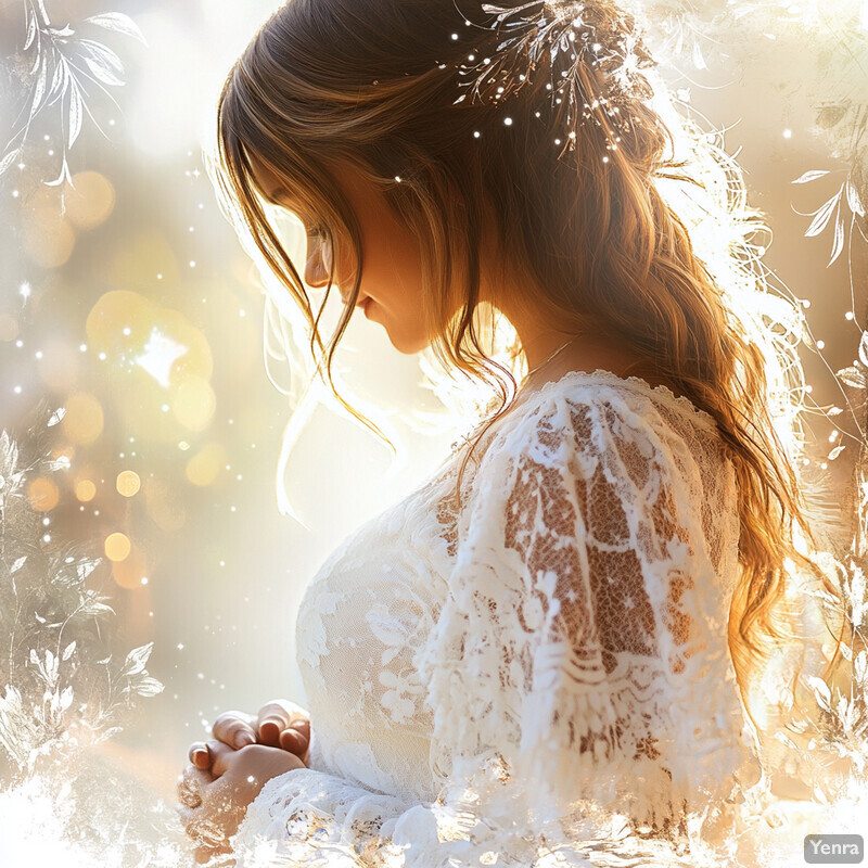 A serene and enchanting scene of a woman in a white wedding dress surrounded by delicate floral patterns and soft lighting, creating an atmosphere of romance and tranquility.