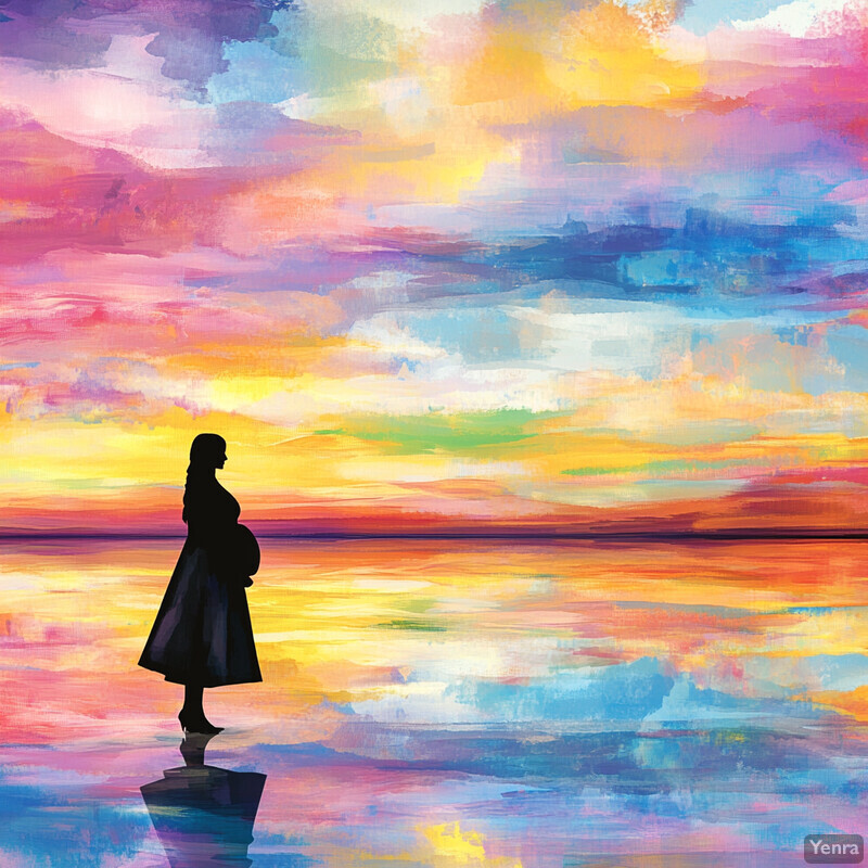 A pregnant woman stands on a rock at sunset, gazing out at the horizon.