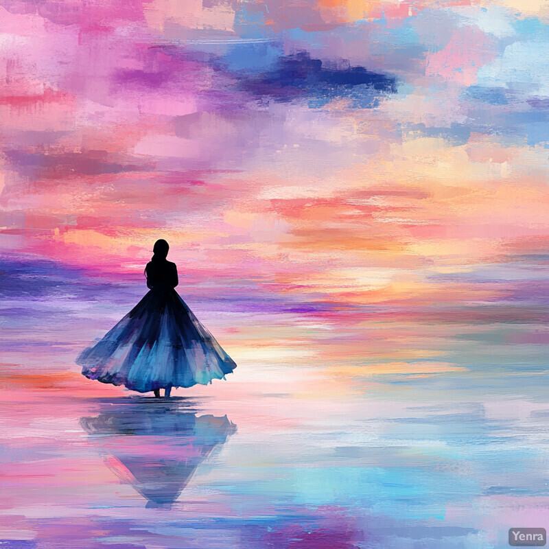 A serene scene of a woman standing on the shore, gazing out at the horizon.