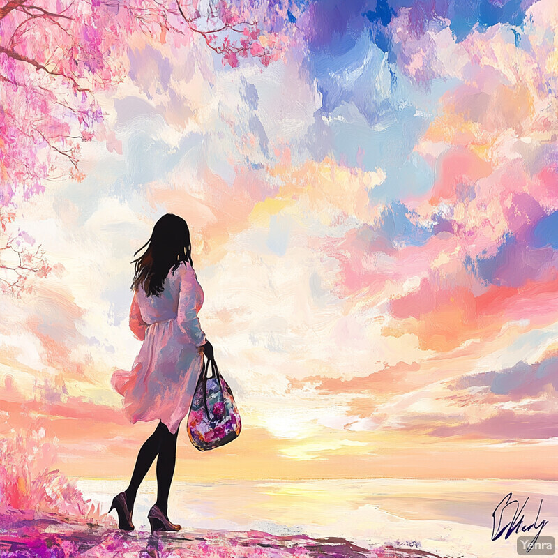 A woman stands on a rocky outcropping, gazing out at an expansive body of water, surrounded by soft pastel colors and a few trees in the background.