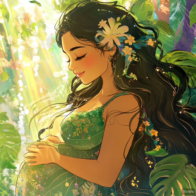 A pregnant woman embracing her growing belly in a lush rainforest setting