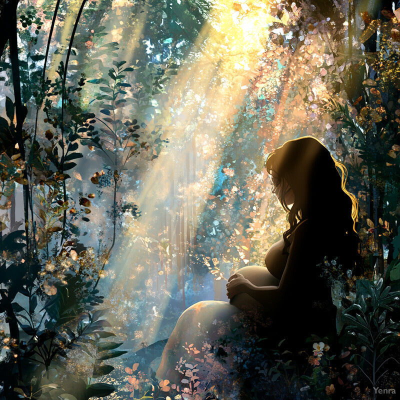 A pregnant woman sits in a lush rainforest, surrounded by greenery and colorful flowers.