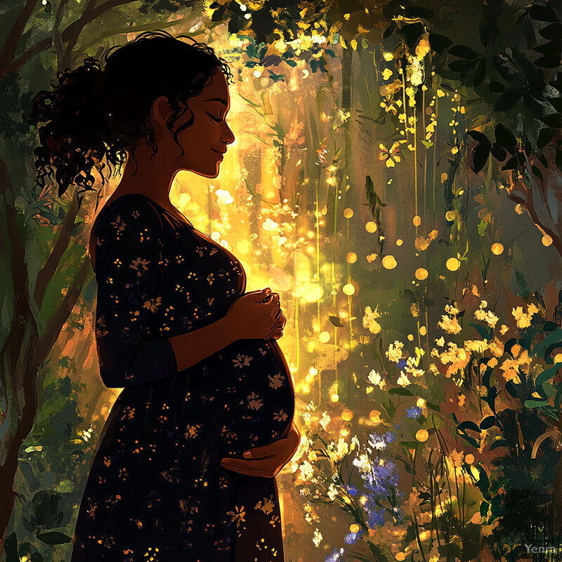 A serene and idyllic scene of a pregnant woman standing in front of a waterfall, surrounded by lush greenery and vibrant flowers.