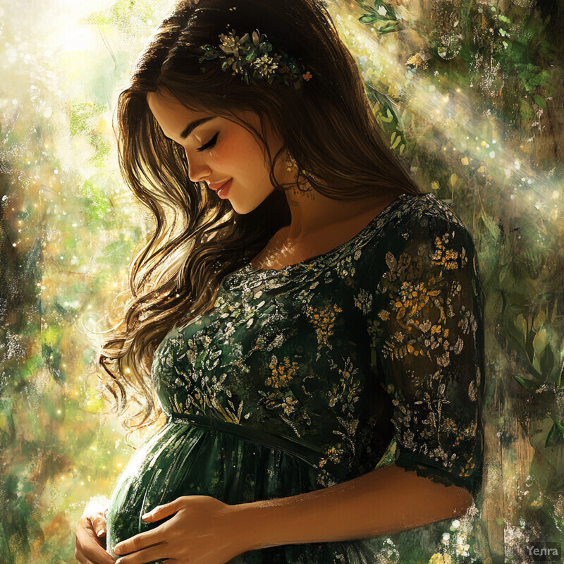 A serene rainforest setting features a pregnant woman in an intricately embroidered dress, cradling her stomach amidst lush green foliage and dappled sunlight.