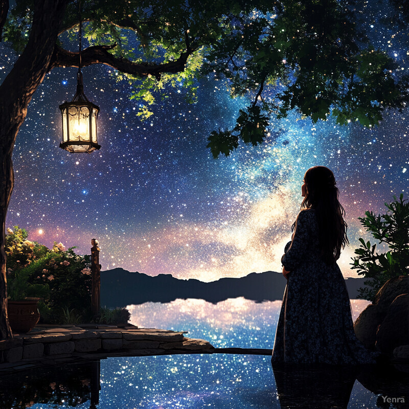 A woman stands on the shore of a serene lake, gazing up at the night sky with a sense of wonder and peace.