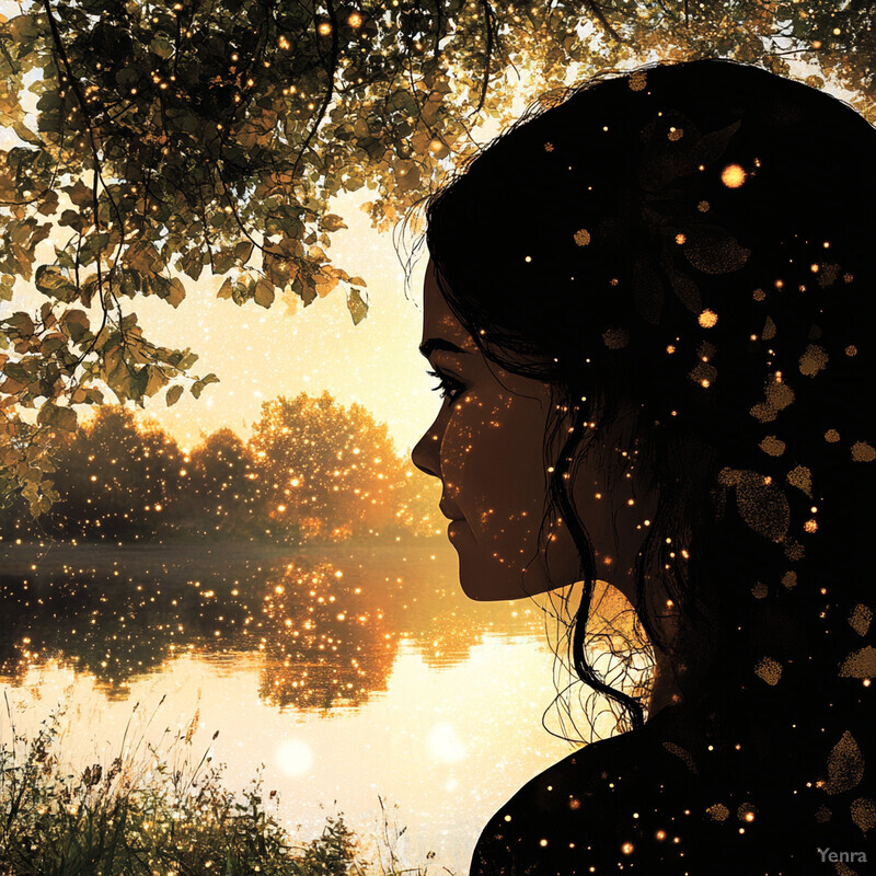 A serene and mystical scene with a woman's silhouette facing left, surrounded by glowing orbs and set against a reflective backdrop.