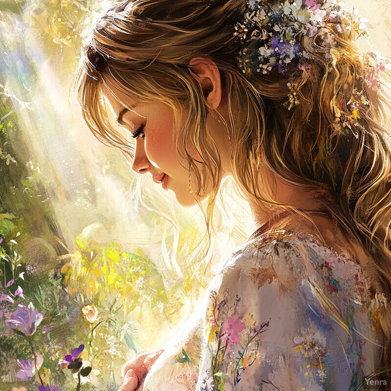 A serene and idyllic scene of a woman surrounded by lush greenery and vibrant flowers.