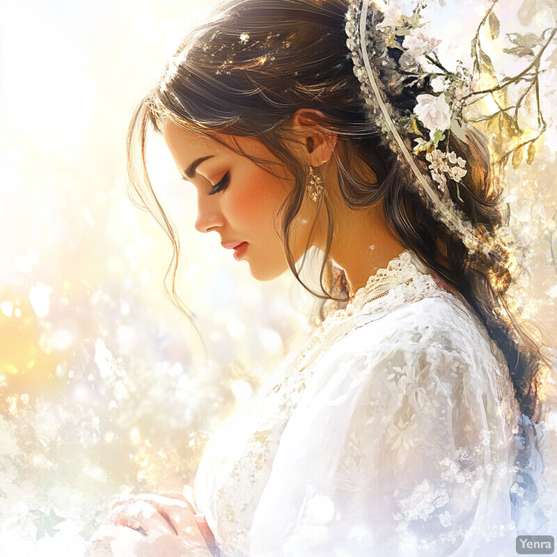 A woman in white dress with lace details and floral headpiece stands in a serene outdoor setting, gazing downward.