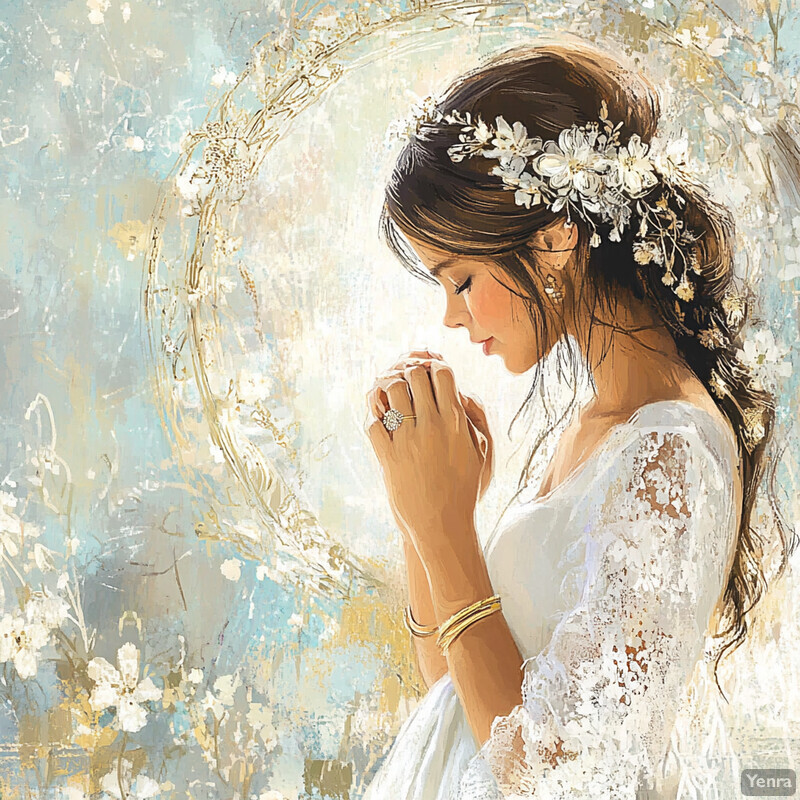 A serene and reverent depiction of a woman dressed in white, with her hands clasped together in prayer or contemplation.