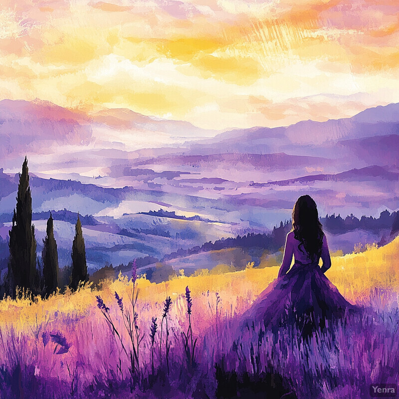 A woman stands in a field of lavender, gazing out at a breathtaking landscape.