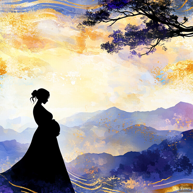 A pregnant woman stands in front of a mountain range at sunrise or sunset