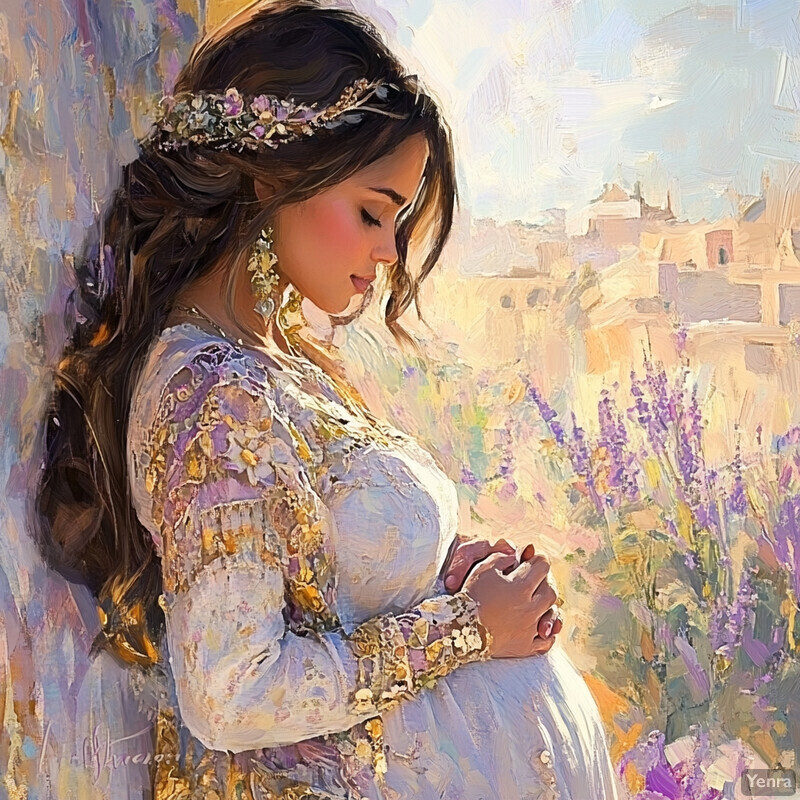 A serene depiction of a pregnant woman in front of a cityscape