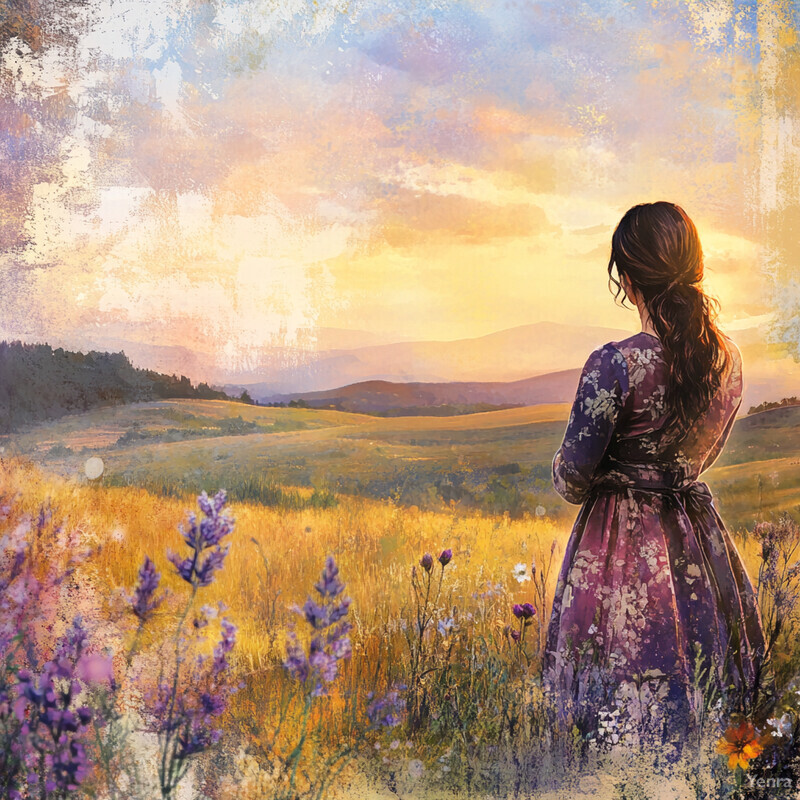 A woman stands in a field of wildflowers at sunset or sunrise, exuding calmness and contemplation.