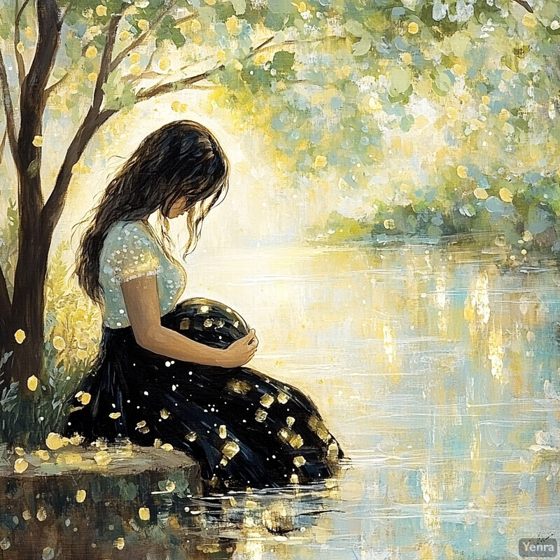 A serene scene of a woman sitting by a river, surrounded by lush greenery and vibrant flowers