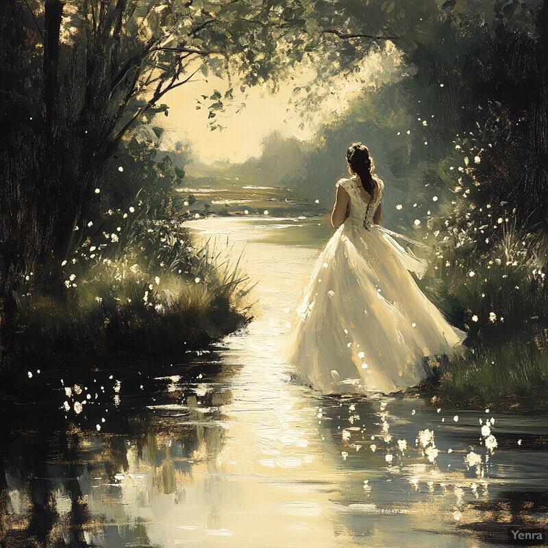 A woman in a white dress walks along a riverbank surrounded by greenery and flowers.