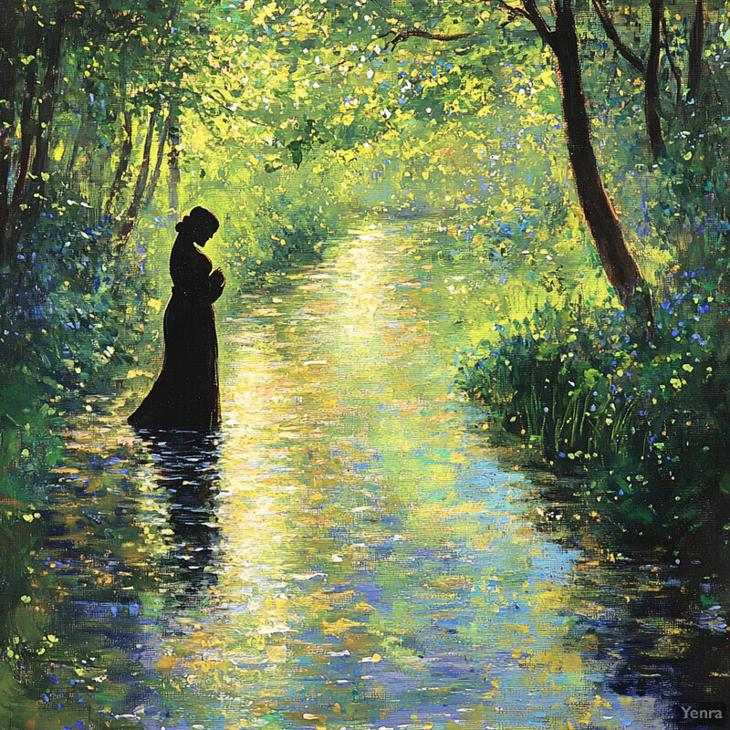 A serene and peaceful scene of a woman standing in a river surrounded by lush greenery.