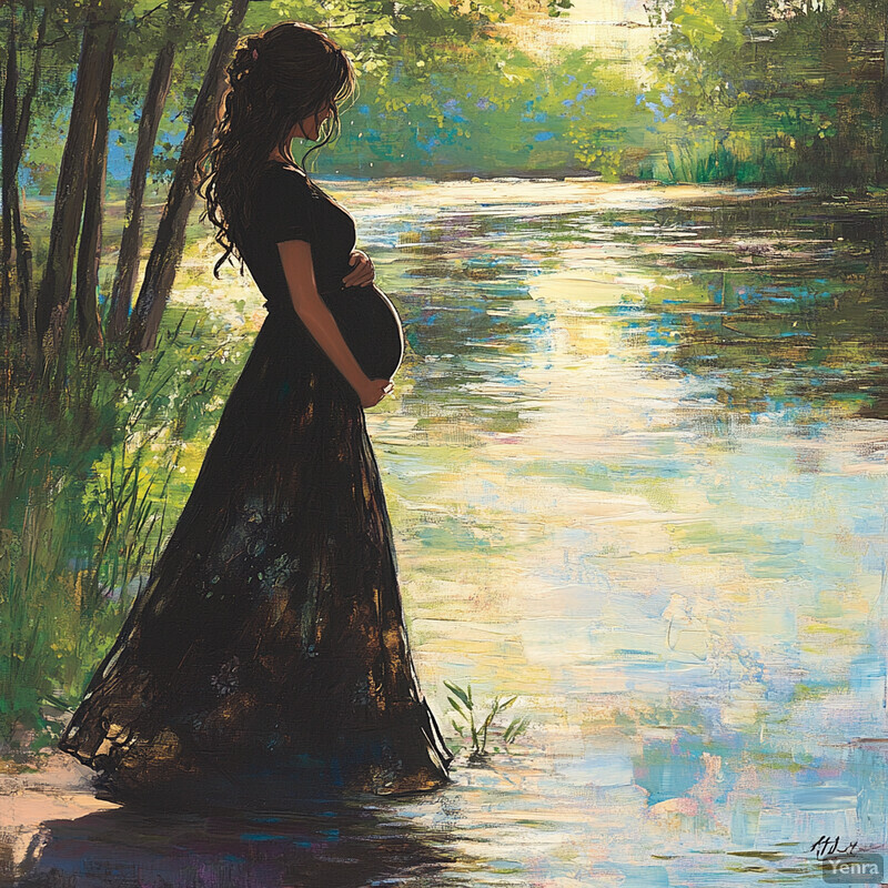 A serene painting of a woman standing by a river, cradling her pregnant belly