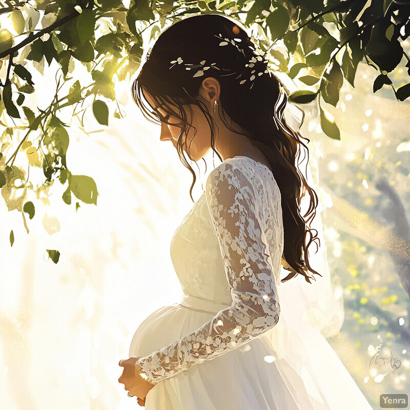 A pregnant woman stands under a tree, surrounded by lush greenery and vibrant flowers.