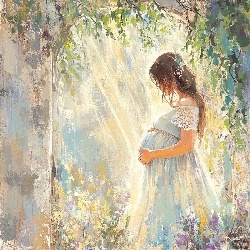 A serene and idyllic scene of a pregnant woman standing in front of a tree, surrounded by lush greenery and vibrant flowers.