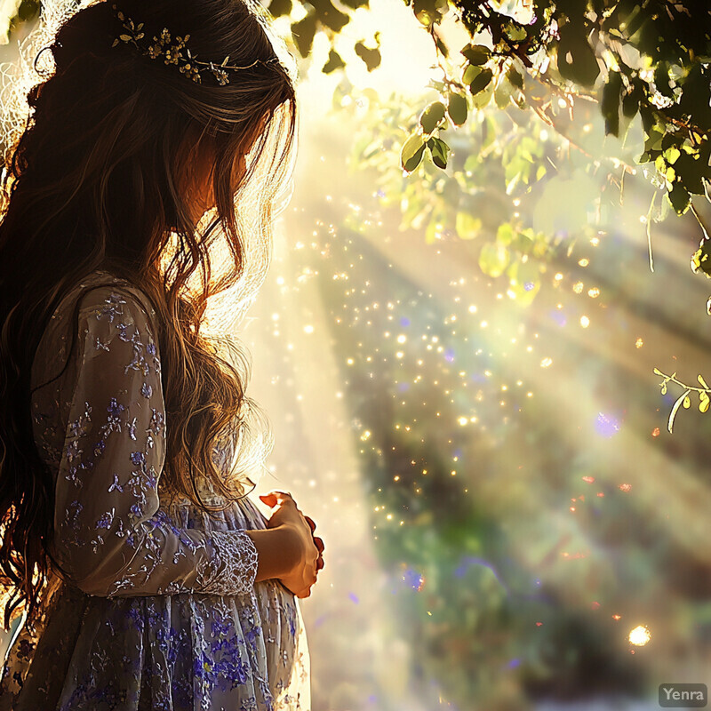 A serene and idyllic scene of a woman standing in front of a tree, surrounded by lush greenery and vibrant flowers.