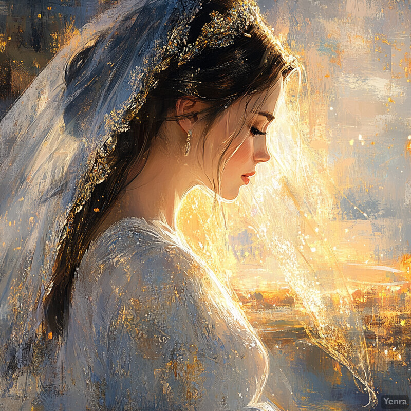 A woman in profile, wearing a white wedding dress and veil, set against a blurred cityscape at sunset.