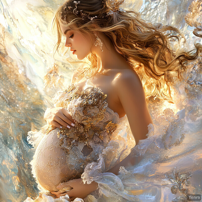 A serene and ethereal scene of a pregnant woman surrounded by soft light and wispy clouds.