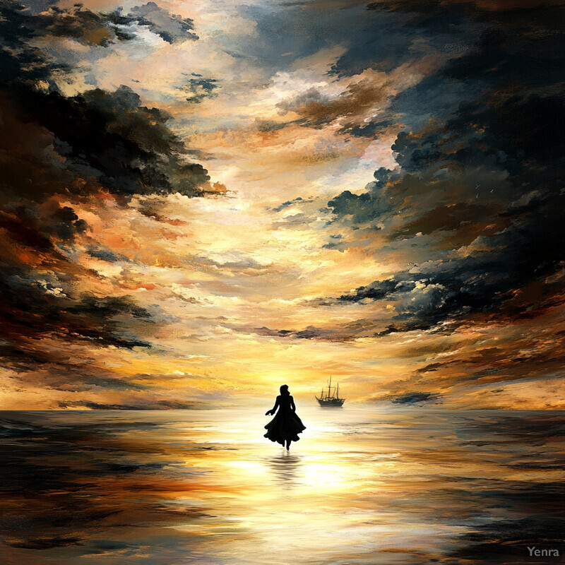 A serene and dreamy painting of a woman walking towards a ship on the horizon.