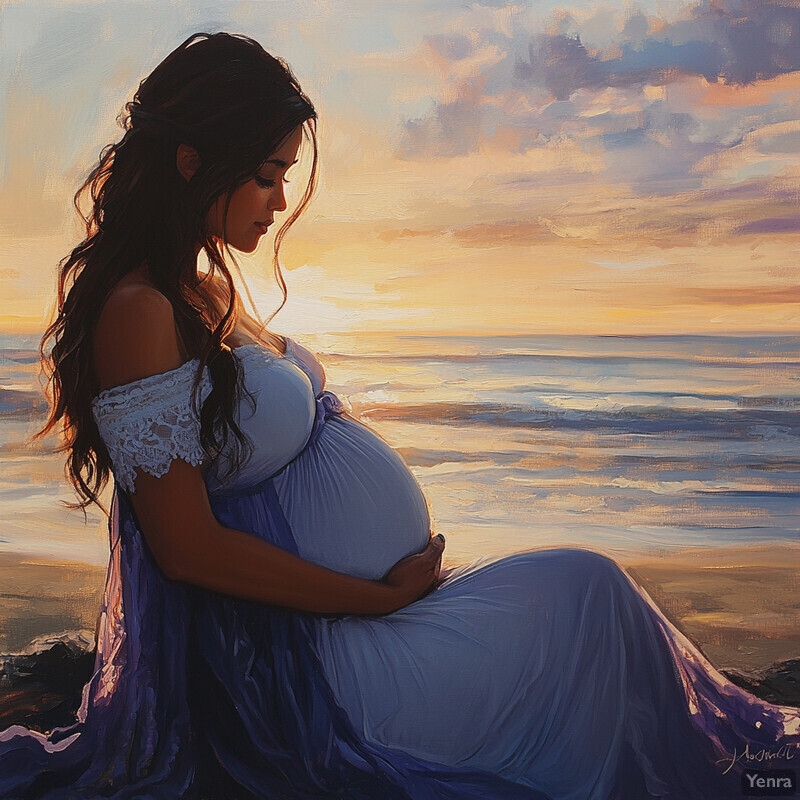 A serene and peaceful painting of a pregnant woman sitting on the beach at sunset, surrounded by the soothing sounds of the ocean and the warm glow of the setting sun.