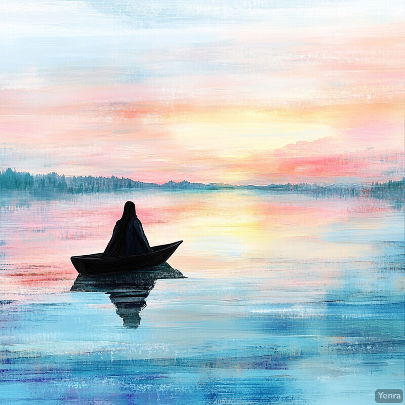 A serene and tranquil scene of a woman in a boat on a body of water at sunset