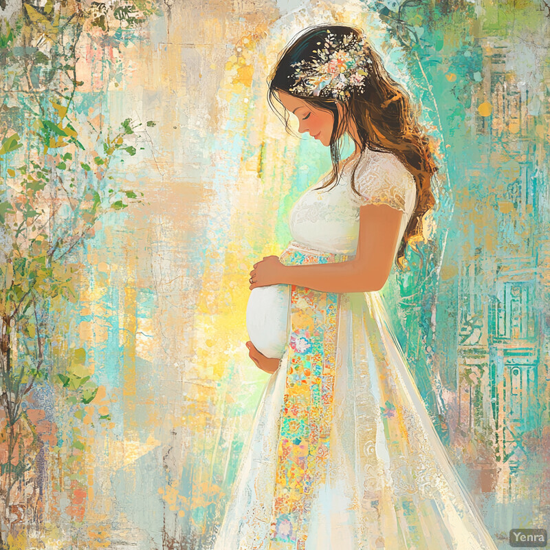 A serene and ethereal scene of a pregnant woman in a white dress, adorned with flowers in her hair and a delicate floral headband.