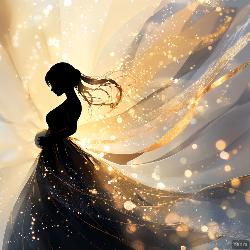 A silhouette of a woman in a flowing dress against a radiant background