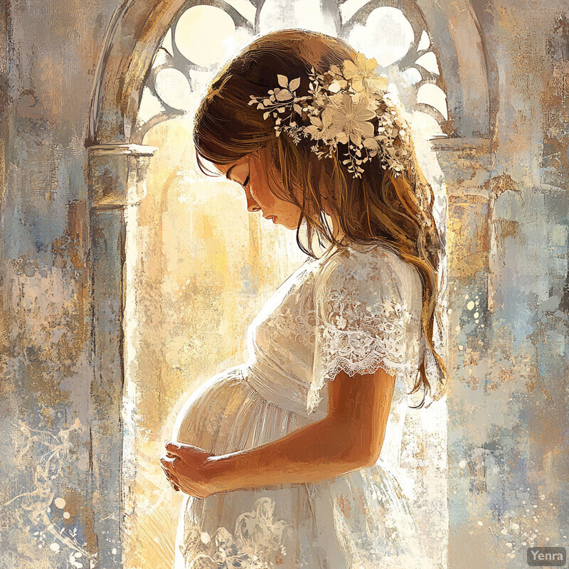 A pregnant woman stands in front of an arched window, cradling her belly with elegance.