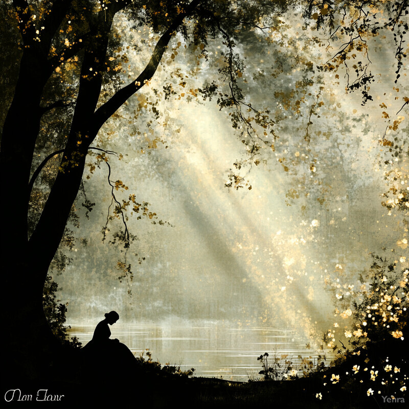 A serene and ethereal scene of a woman sitting on a rock in front of a lake or river, surrounded by trees and foliage